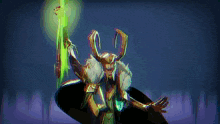 a cartoon character is holding a spear and a sword