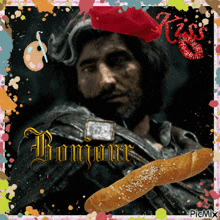 a man with a beard is holding a loaf of bread with the word bonjour written on it