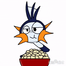 a cartoon character is sitting on top of a bowl of cereal .