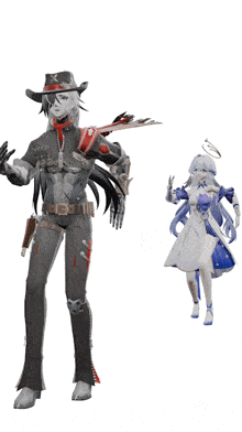 a man in a cowboy hat stands next to a girl in a dress