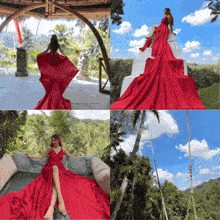 a woman in a long red dress is sitting on a pyramid