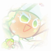 a cookie with a pink flower in her hair is sitting on a white background