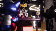 a cartoon dog holding a pair of playing cards in front of a slot machine