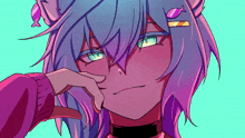 a drawing of a girl with purple hair and a fish clip in her hair