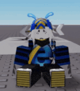 a cartoon character wearing a blue and yellow outfit with the letter g on his chest