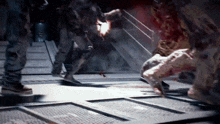 a group of soldiers are fighting a monster in a room