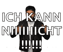 a man in a leather jacket stands in front of a sign that says ich kann nihilicht