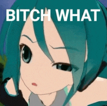 a picture of a girl with the words " bitch what " on the bottom