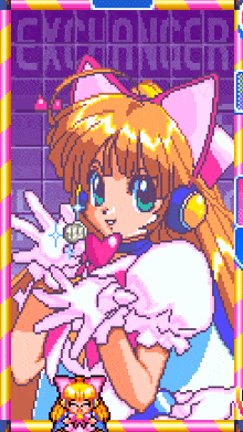 a pixel art of a girl with a cat ear and the word cartoon on the bottom