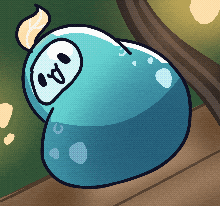 a pixel art drawing of a blue pear with a face on it