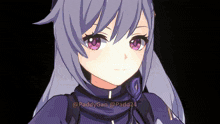 a close up of a girl with purple hair and the words paddygan @ padd24 on the bottom