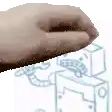 a close up of a person 's hand with a drawing of a robot in the background .