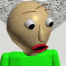 a bald man with big eyes and red lips is wearing a green shirt and making a funny face .