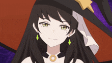 a girl with long black hair wearing a witch hat and earrings