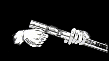 a black and white drawing of a person holding a gun with the letters g and t visible