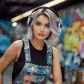 a woman wearing headphones and overalls is standing in front of a graffiti wall