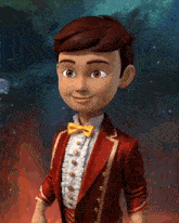 a cartoon character with his eyes closed wearing a red tuxedo and bow tie