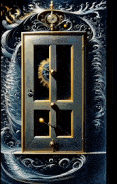 a painting of a door with a clock on top