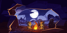 a cartoon illustration of two animals sitting around a fire at night
