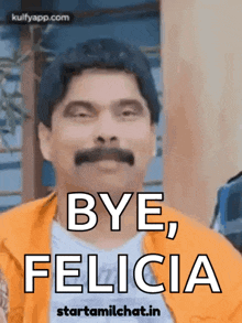 a man with a mustache is making a funny face and saying `` bye , felicia '' .