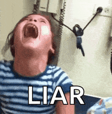 a child is screaming with his mouth open and the word liar is on the bottom