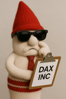 a knitted gnome is holding a clipboard with the word dax inc on it