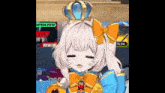 a girl with white hair and a crown on her head is wearing a blue and yellow outfit and bow .