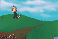 a cartoon drawing of a cat standing on a grassy hill with the name lenforemanz on the bottom right