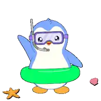 a penguin wearing goggles and a swimming ring is waving