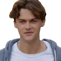 a close up of a man 's face with a white shirt and a blue hoodie