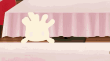 a cartoon character is peeking out from under a pink tablecloth