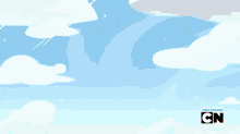 a cartoon character is sitting in the grass with a cell phone in the foreground and the word cn on the bottom right