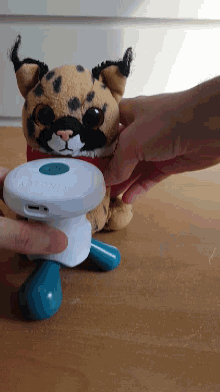 a person is holding a stuffed animal with a remote control that says ' i-touch ' on it