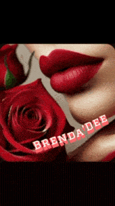 a close up of a woman 's red lips with the name brenda dee below it