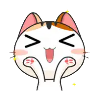 a cartoon calico cat with big eyes and paws
