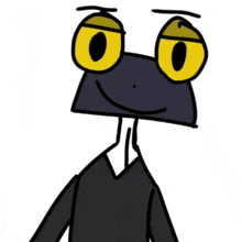 a cartoon character in a suit and tie with yellow eyes and a black background