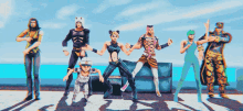 a group of cartoon characters are dancing in a row