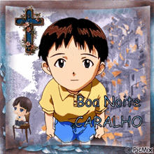 a picture of a boy with the words boa noite caralho written on it