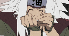 a drawing of a man with white hair wearing a headband with chinese characters on it