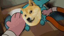 a doge is being held by a person in a cartoon