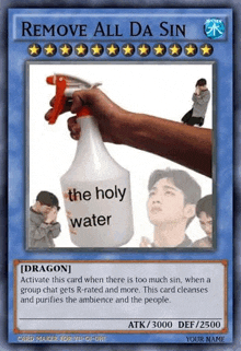 a person is holding a spray bottle of holy water .