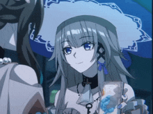 a girl with long grey hair and blue eyes is holding a glass in her hand