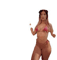 a woman in a red bikini is smiling and walking