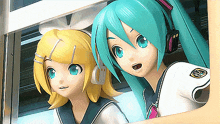 two anime girls are looking out of a window and one has a badge on her shirt that says ' sd ' on it