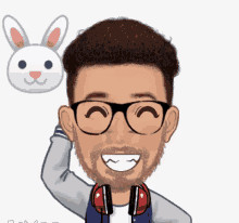 a cartoon of a man wearing glasses and headphones holding a white rabbit