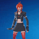 a woman with red hair is standing in front of a blue sky with a light coming out of her hands