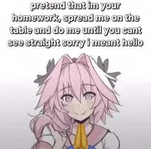 a picture of a girl with pink hair and a caption that says pretend that im your homework spread me on the table