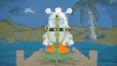 a cartoon penguin is sitting on a rock in the water .