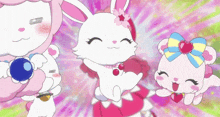 a cartoon bunny with a flower on her head is surrounded by other bunny characters