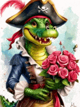 a crocodile dressed as a pirate holding a bouquet of pink roses